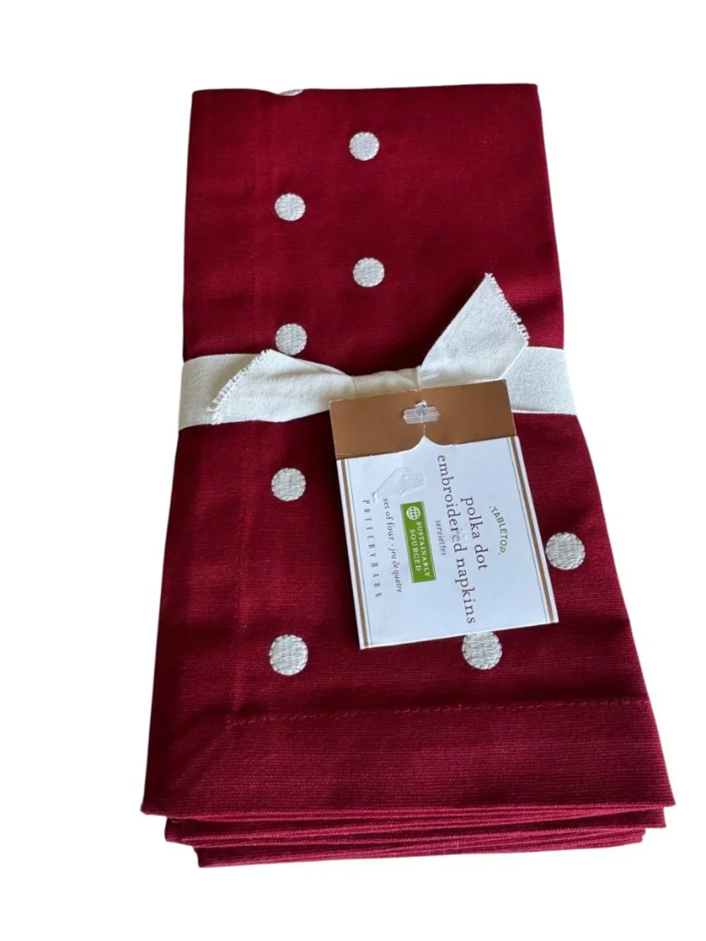 Pottery Barn Polka Dot Embroidered New Set Of Four Red White